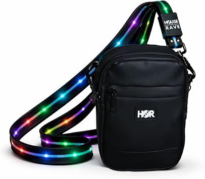 Canvas LED Strap Bag - LED Crossbody or Fannypack 2 Ways to Wear - Light up Festival Bag for Women & Men - LED Rave Bag, Black