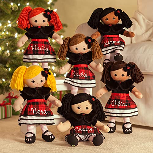 Personalized Planet Rag Doll with Custom Name Embroidered | Asian Girl in Black and Red Plaid Skirt with Stripped Stockings | Black Hair with Removable Black Velvet Bow Clip with Plaid Button Accent