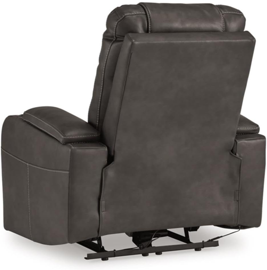BOWERY HILL Faux Leather Power Recliner, Gray Finish, 37" W x 41" D x 42" H, Adjustable Headrest, USB Port, Storage Arms, Cup Holders, LED Lighting, Contemporary Home Theater Seating