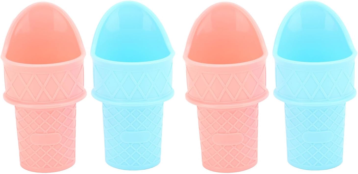 4pcs Reusable Ice Cream Cone Holder Scooper, Mini Upright Cones for Ice Cream Frozen Yogurt Sorbet, Free PP Stand with Flat Base for Kids Dessert Party Pink Blue