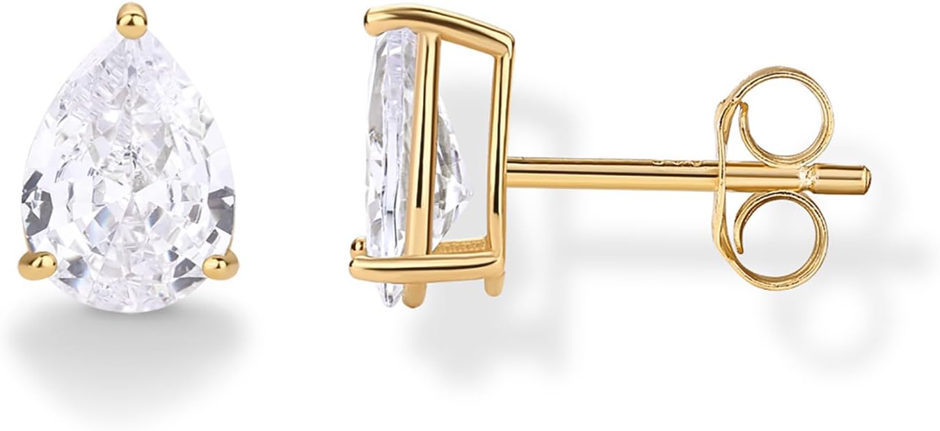 PAVOI 14K Gold Plated 925 Sterling Silver Pear CZ Stud Earrings for Women - Hypoallergenic Simulated Diamond Jewelry