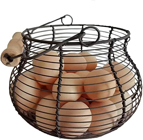 Metal Wire Egg Baskets for Collect Fresh Egg Baskets Countertop Holder, LINCOUNTRY Rustic Round Small Chicken Basket Gathering Fresh Egg With Handle,Country Primitive Farmhouse Vintage Storage Kid