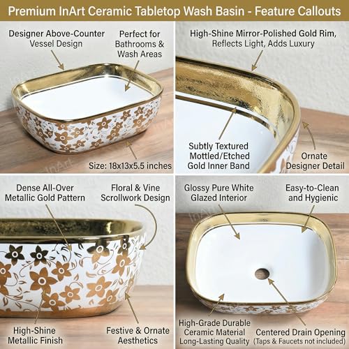Image of InArt Tabletop Ceramic Wash Basin /Sink in White-Gold Color Bathroom