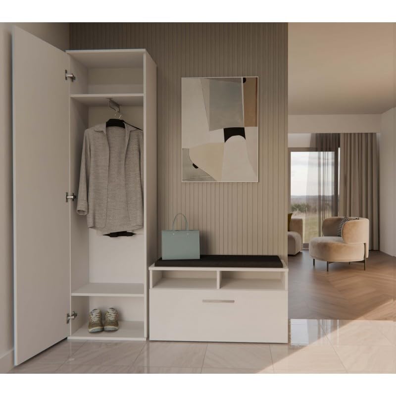CDF Armoire Couloir avec Miroir Duo Blanc – Penderie Tringle Vêtements 2 Étagères Porte Réversible – Meuble Entrée Dressing Rangement Vestes Chaussures Vestiaire Sangle Anti-Basculement 35x50x180