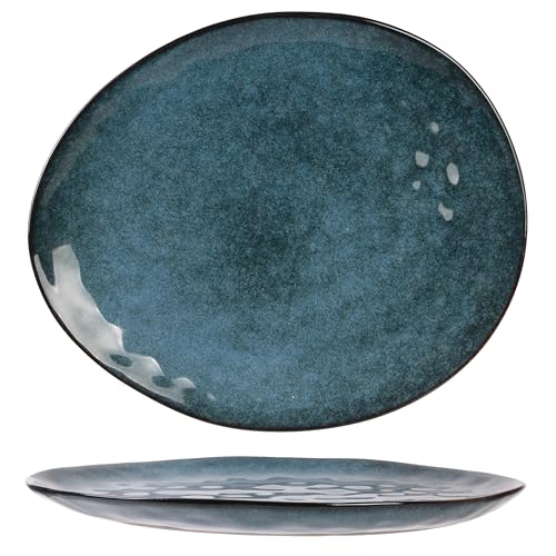 HOME DECO FACTORY - KA3749 Plat en grès bleu - Service vaisselle élégant pour décoration intérieure - 27,5 cm - Taille large - Assiette ovale pour repas raffinés