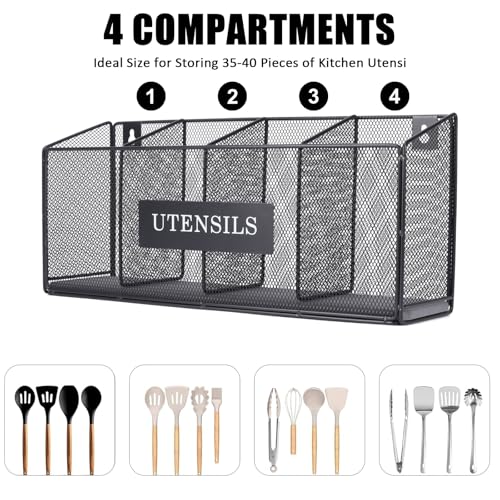 Mowhut Utensil Holder for Kitchen Counter, Wall Mounted Cooking Utensil Organizer with 4 Compartments, Large Metal Utensils Caddy with Diatomaceous Earth Base, Kitchen Organizers and Storage, Black