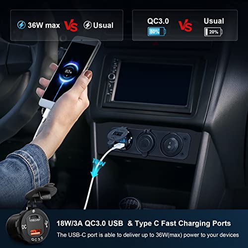 Kohree 12V Power Outlet Socket, 3 in 1 200W Cigarette Lighter Socket with PD Type C 3.0 & QC 3.0 USB Charger Waterproof for Marine, Car, RV, Motorcycle, Boat, Golf, ATV, etc - Thumbnail 2