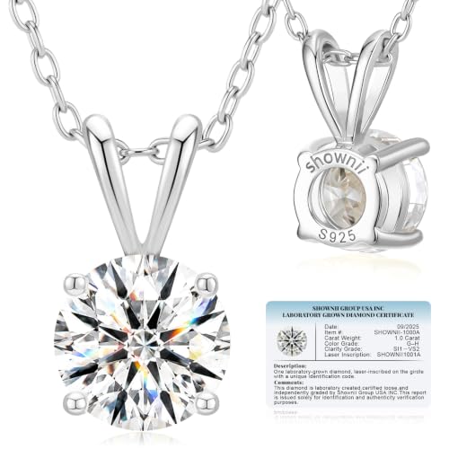 shownii Diamond Necklace Certified LAB GROWN 1CT Round Diamond Necklaces for Women 14K White Gold Plated Sterling Silver 4 Prong Solitaire Pendant Jewelry (G-H Color, SI1-VS2 Clarity)