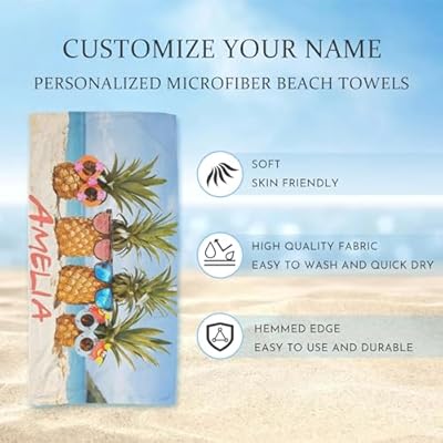 Personalized Beach Towel with Name - 30 x 60in Customized Summer Microfiber Pool Towel for Adults - Soft, Quick Drying, Sand Free, Lightweight, Personalized Gifts for Women Kids Men Lover (Pineapple) 51PySE