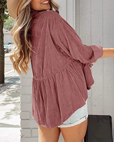 Tutorutor Womens Corduroy Shirts Casual Long Sleeve Button Down Blouses Tunic Babydoll Dress Loose Pocket Jacket Shackets Pink #TOP4