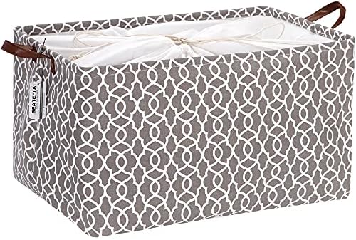 Sea Team Moroccan Pattern Canvas Fabric Storage Basket Collapsible Geometric Design Storage Bin with Drawstring Cover and PU Leather Handles, 16.5 by 11.8 inches, Waterproof Inner