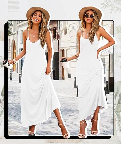 Wolddress Womens 2023 Casual Sleeveless Sundress Plus Size Loose Plain Long Summer Beach Maxi Dress With Pockets White 3X #TOP3