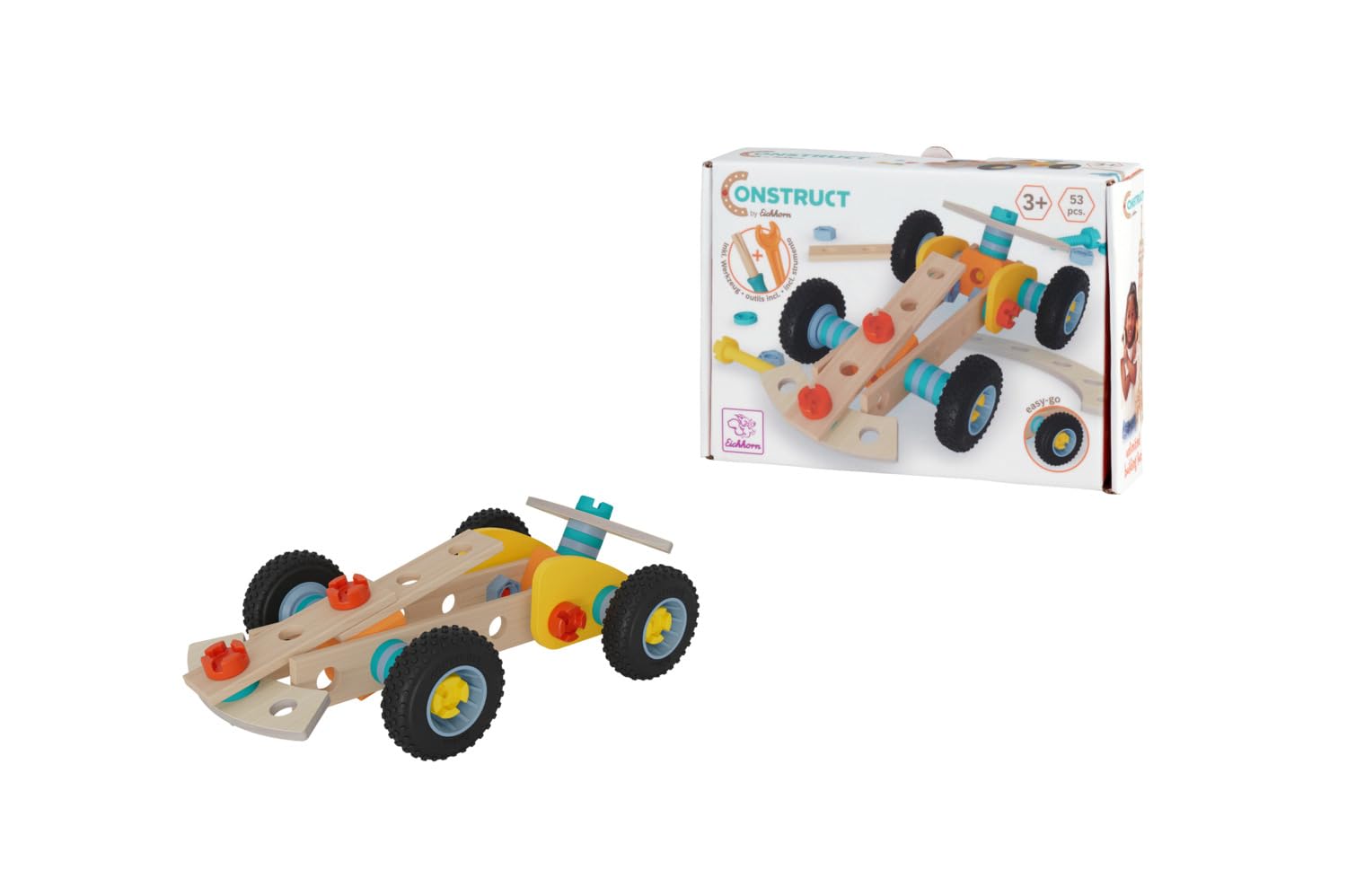 Eichhorn Construct Racing Vehicle - 53-Piece Construction Set with Rotating Wheels to Promote Motor Skills, FSC Certified Wood, Can be Combined with Other Sets, from 3 Years