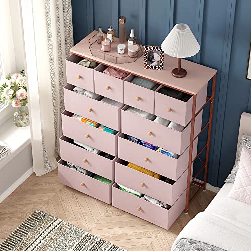 Enhomee Pink Dresser For Girls Bedroom With 12 Drawers Girls Dressers For Bedroom Pink Chest Of Drawers With Wood Top, Metal Frame, Tall Dressers For Bedroom, Closet, Nursery, Living Room Pink #TOP5
