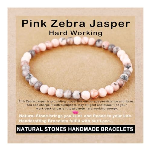 AD Beads Handmade Gemstone Stretch Elastic Bracelet Crystal Healing Reiki Nature's Beauty and Spiritual Essence Unisex (4mm, Pink Zebra Jasper (Hard Working))