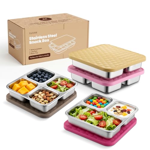 Tanjiae Stainless Steel Snack Containers with Lids, 4-Pack 600ml Multi-Compartment Leak Proof Small Bento Box for Kids & Toddlers - Reusable Metal Food Containers for School Lunch, Travel, Daycare by Tanjiae - Used condition - CA$47.49