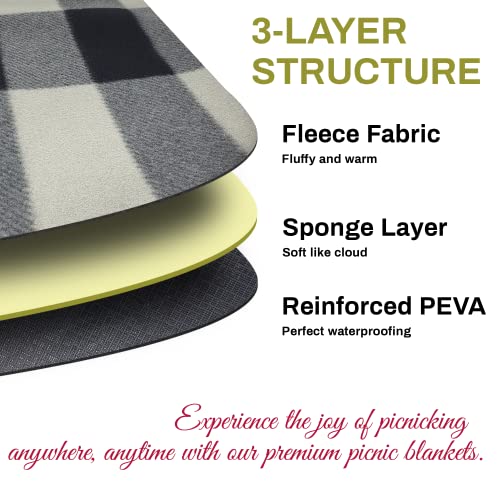 Portableand Picnic Blankets, 3 Layer Soft Fleece Blanket For Beach,Camping On Grass, Waterproof, Sandproof, Best Gift For Couple & Families, Black And Gray Checkered #TOP2