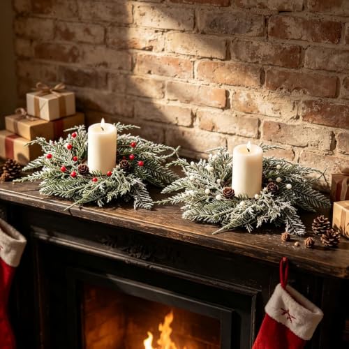 Image of 4 PCS Fall Candle Ring Wreaths Artificial Autumn Candle Holder Wreath | Thanksgiving Candle Ring with Berries Eucalyptus Forsythia for Farmhouse Harvest Pillar Candles Table Centerpiece Decor
