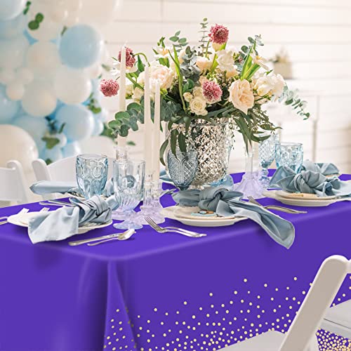 4 Pcs Purple And Gold Plastic Tablecloth For 8Ft Rectangle Table, 54 × 108 Inches Disposable Gold Dot Purple Party Table Covers For Anniversary, Graduation, Wedding, Fine Dining, Birthday Party Decor #TOP5