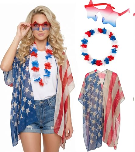 4th of July Outfits for Women - Patriotic American Flag Kimono Cover Up Accessories Set Fourth of July Outfit with Star Glasses Lei Multicolor