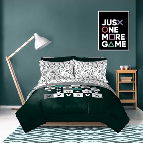 Image of Minecraft Creeper Full Comforter Set 7 Piece Video Game Bedding, Green | Zombie Enderman, Comforter Sheets Shams Pillowcases, Official Product, Soft Microfiber, Machine Washable, Kids Gift
