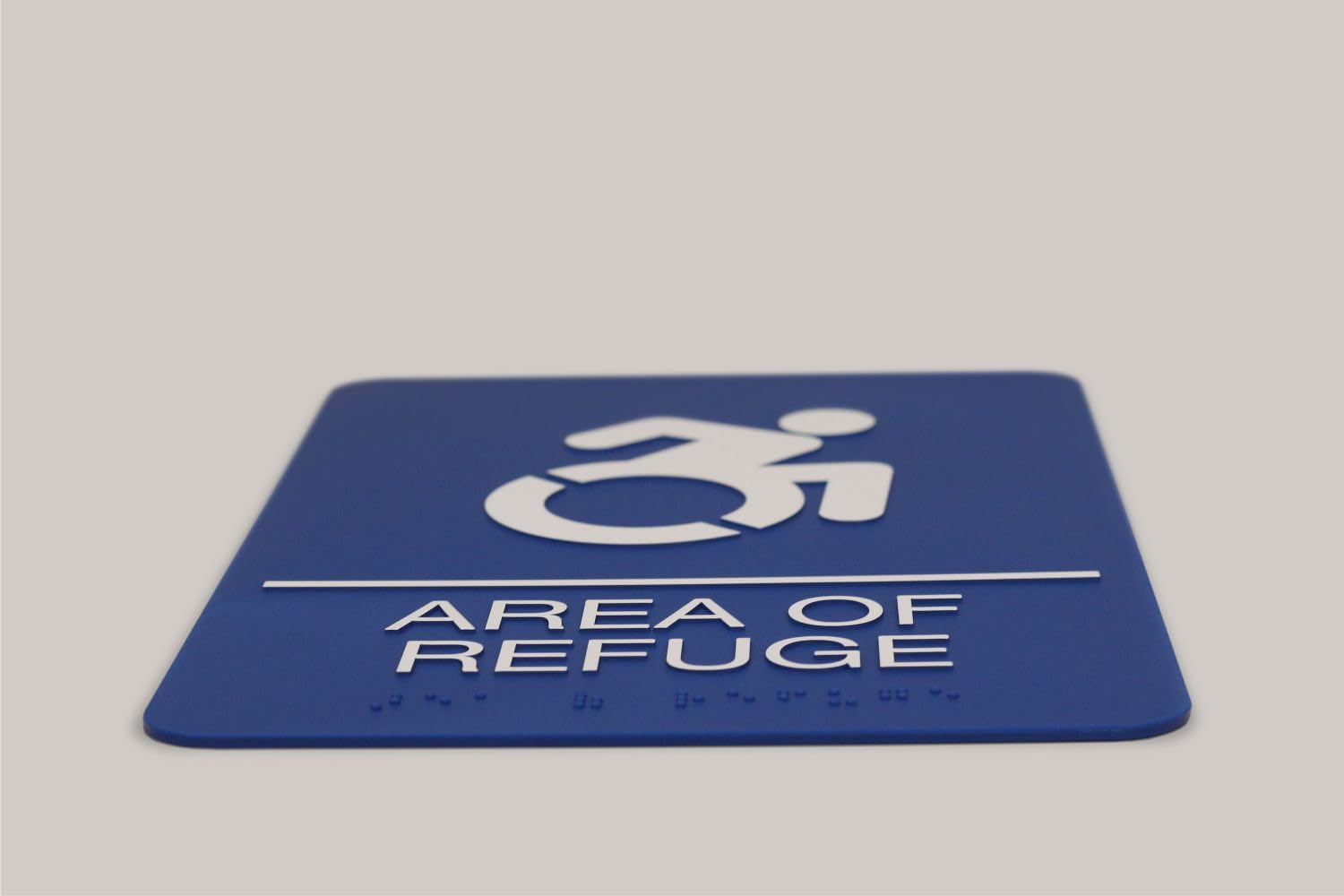 Headline Sign Dynamic AREA OF REFUGE Accessible ADA Sign, Raised White Letters Braille and International Symbols, Rigid Plastic with Mounting Tape included, Made in USA, 6" x 9" x 1/8" Blue