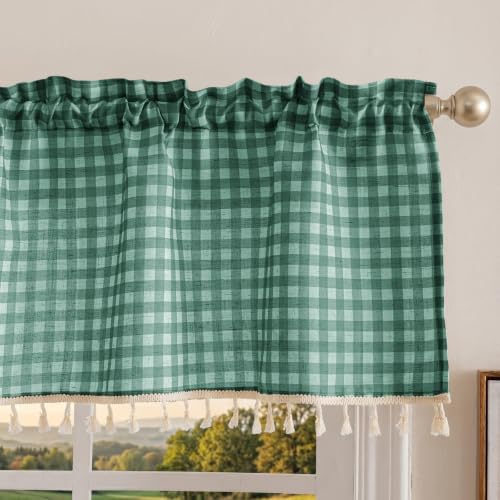 Jilron Farmhouse Gingham Curtains - Easy Install Kitchen Window Curtains Over Sink, Single Linen Curtains Valance for Privacy & Decoration-Dark Green Check(W 52*L 18in-1-Panel)