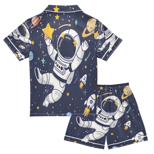 ALAZA Universe Astronaut Solar Ssystem Planet Cartoon Satin Pajamas Set Short Sleeve Button Down Sleepwear Summer Pjs 2 Piece2
