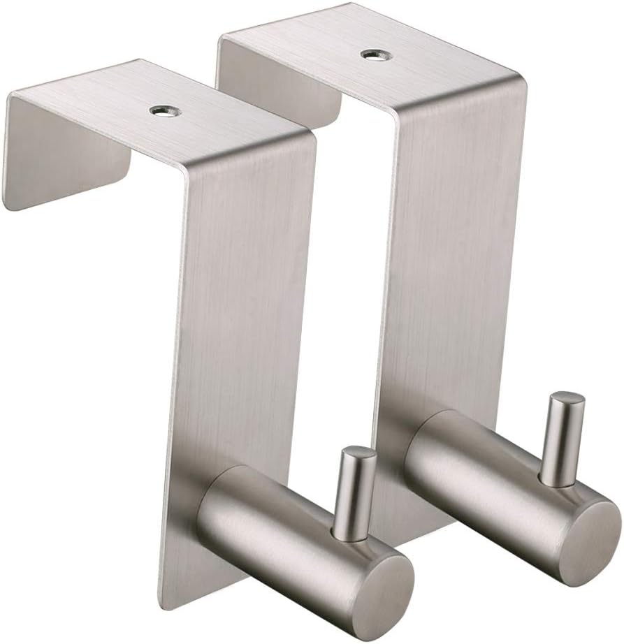Over The Door Hook 2 PCS, Angle Simple SUS304 Stainless Steel Over Door Hanger, Robe Towel Coat Purse Organizers, Hook Rack for Interior Doors Shower Stall Cabinet Office, Hook Rail Brushed Steel