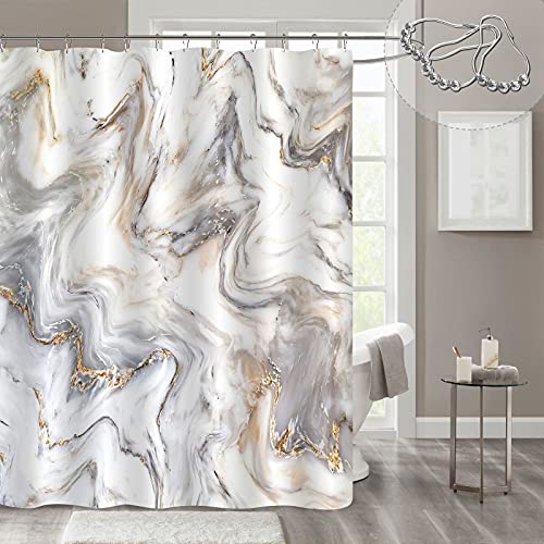 Gibelle Grey Gold Marble Abstract Neutral Shower Curtain For Bathroom Decor, Modern Luxury Art Waterproof Fabric Curtain Set With Hooks, Unique Bath Accessories, 72 X 72 #TOP23