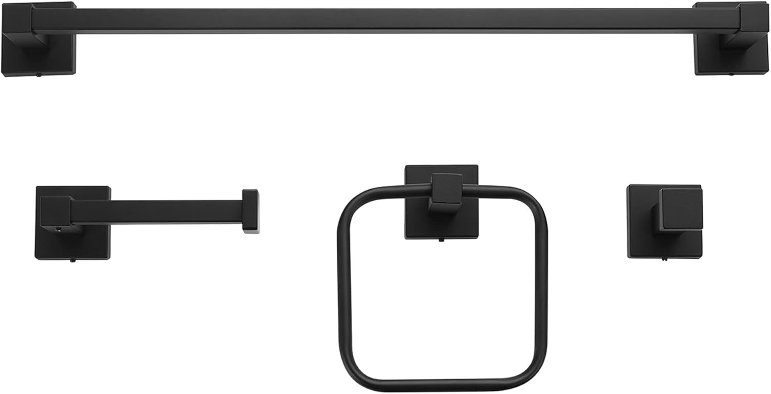 Globe Electric 65561 4-Piece Bathroom Hardware Accessory Kit, Matte Black, Towel Bar, Towel Ring, Robe Hook, Toilet Paper Holder, Home Decor, Bathroom Set, Kitchen Décor, Design Essentials