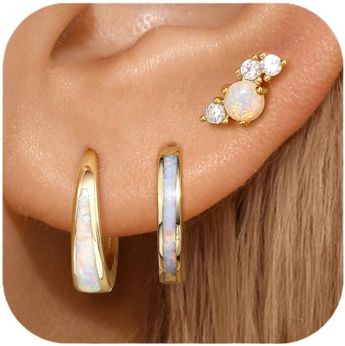 Opal Earrings Set for Women, Christmas Gift for Her, Sterling Silver | 14K Gold Plated, Hypoallergenic S925 Hoop Stud Earrings for Women with Sensitive Ears, Dainty earring Stacks—Trendy Opal Jewelry 2025