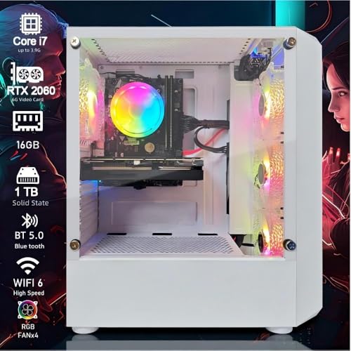Image of STGAubron Gaming PC Desktop Computer, Intel Core i7 up to 3.9G, GeForce RTX 2060 6G, 16GB RAM, 1TB SSD, WiFi 6, BT 5.0, RGB Fan x 4, Windows 11 Home,White