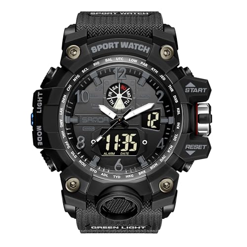 KXAITO Mens Watches Sports Outdoor Waterproof Military Watch Date Multi Function Tactics LED Alarm Stopwatch (3169 Black)