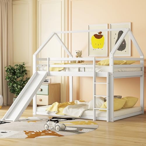 Azkoeesy Cama Litera Infantil en Forma de casa - 140 x 200 cm - tobogán - Escalera para niño y Adolescente Madera de Pino Blanco - imagen 4