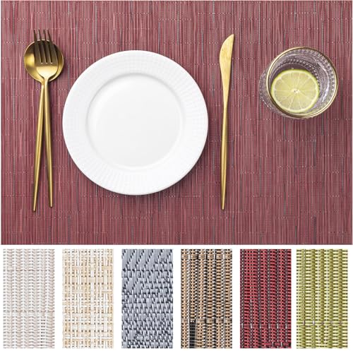 Placemats Set of 6 - Heat Resistant Non-Slip Place mats for Dining Table, Washable Durable PVC Vinyl Woven Table Mats (6, Burgundy)