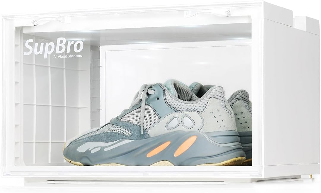SupBro Led Collection Crate - Voice Control - Easy Access Storage Shoes box, Stackable Shoe Storage with clear plastic door for sneakers (11.2 x 14.9 x 8.8 inch (6pack), White)