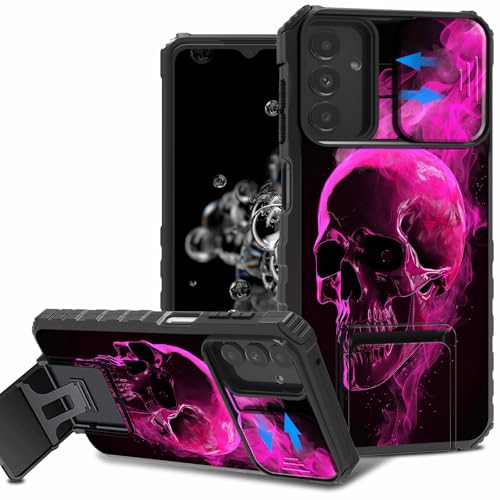 ACWDMKH for Galaxy A35 5G Phone Case,for Samsung A55 Case with Kickstand & Slide Camera Protector Cover Dual Layer Hybrid Heavy Duty Shockproof Cover,Pink Skull