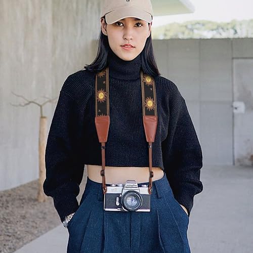 Image of Padwa Lifestyle Sun God Camera Strap - 2 inch Full Grain Leather Ends, Vintage Sun Face Camera Straps for Photographers, Soft Chamois Velvet Padded Strap Quick Release fits All Cameras