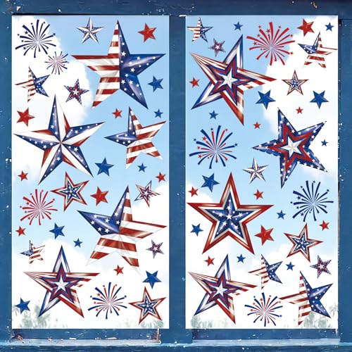 300Pcs 4th of July Window Clings Patriotic Window Stickers Decorations Vintage Stars Windows Decals Decoration for Fourth of July Memorial Day 250th Anniversary Home Office Glass Window Decor