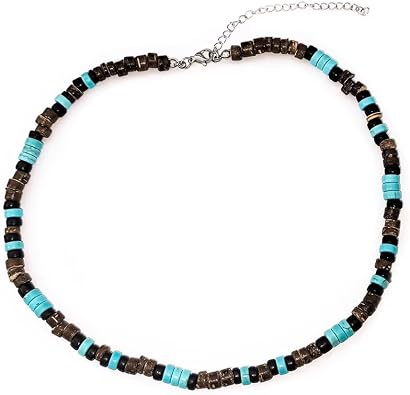 Bohemian Turquoise Wood Beads Choker Necklace for Woman Men, Surfer Seed Colorful Splicing Flake Clavicle Beads Necklace Beach Summer Jewelry