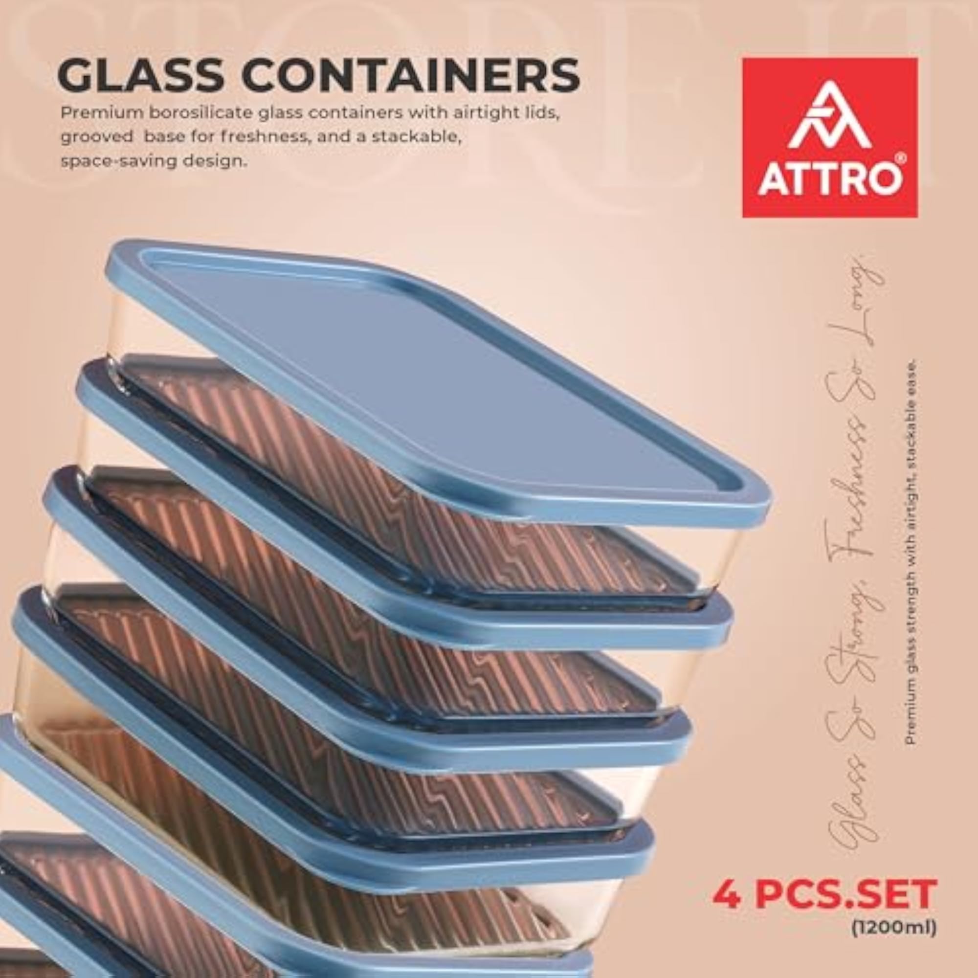 Set of 4 Borosilicate Glass Storage Containers, 1200ml
