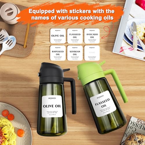 mqnxoi Oil Sprayer for Cooking, 2 in 1 Olive Oil Dispenser Bottle for Kitchen, 16oz/470ml Premium Glass, Food-grade Oil Mister for Air Fryer, Salad, Frying, BBQ (Green + Dark Green Bottle)