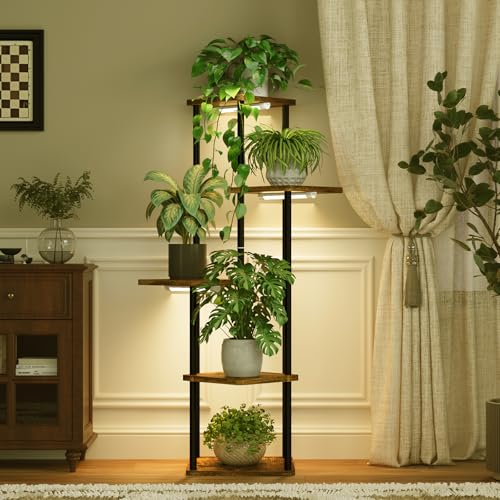 Bamworld Tall Plant Stand Indoor with Grow Light Corner Plant Stand for Indoor Plants 5 Tier Metal Wood Plant Shelf with Grow Lights for Living Room Bedroom Patio Garden Balcony Decor