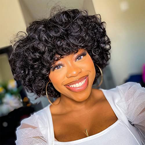 Junoda Wig with Bangs Human Hair 200 Density 12A Brazilian Short Curly Bob Remy Human Hair Wigs for Black Women Full Machine Made Shoulder Length Wig Black Color 8 Inch