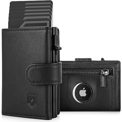 DODENSHA Portafoglio Uomo Airtag Pelle Piccolo | Porta Carte Credito Schermato | Slim RFID con Portamonete | Custodia in Metallo Pop-up per 8-10 Carte | Slot ID | Nero