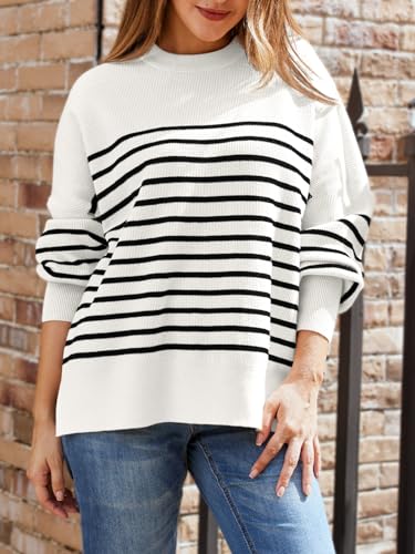 Lillusory Women'S Oversized Batwing Sweaters 2024 Fall Outfits Crewneck Ribbed Knit Side Slit Trendy Pullover Tops Stripewhite M thumb #1