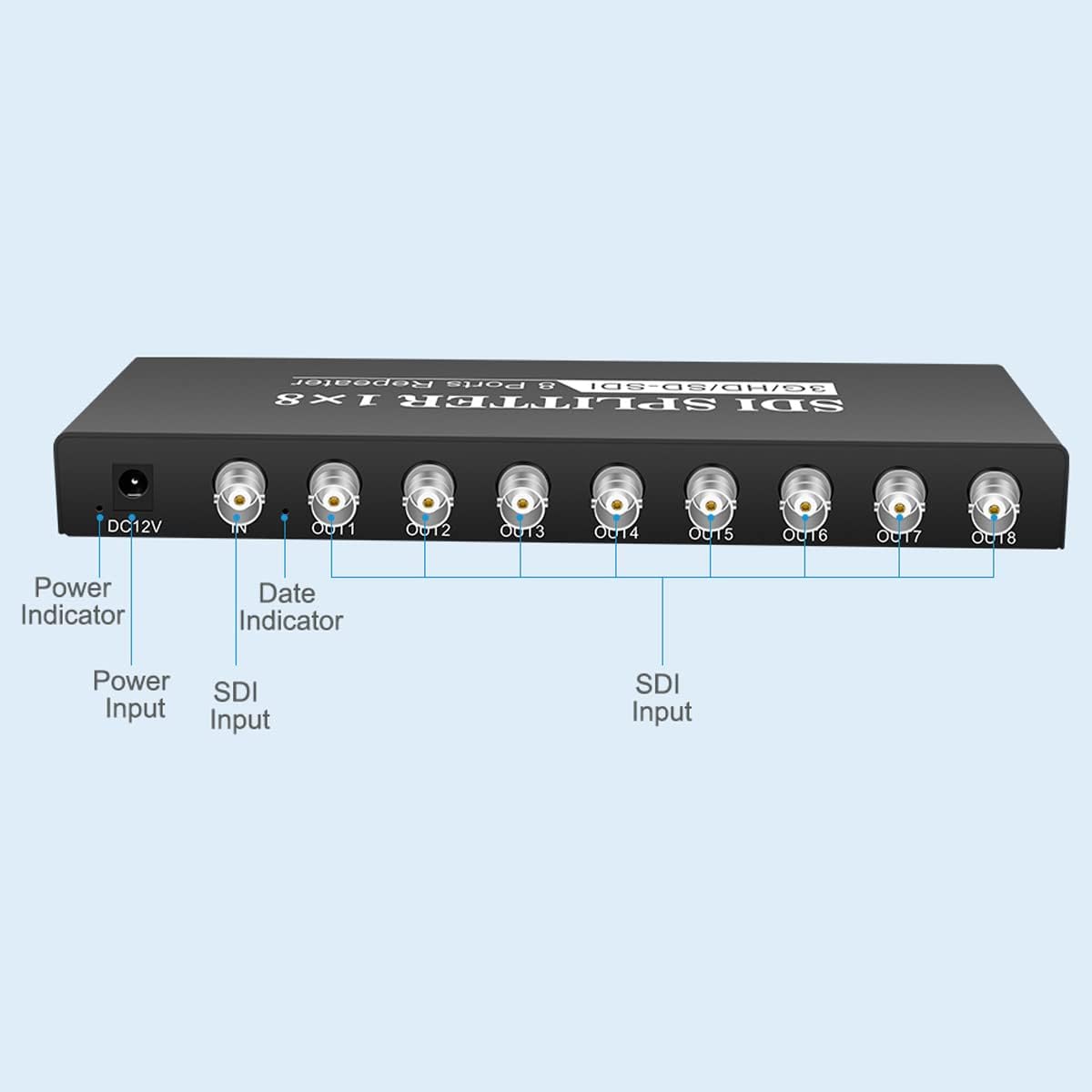 SDI Splitter 1x8 Supports SD, HD, 3G(1 Input and 8 outputs) SDI Video Splitter Box Distributor Amplifier for Video Monitoring System CCTV Security Camera