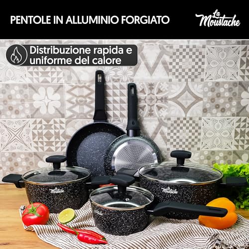La Moustache - Batteria di Pentole【8 Pezzi】a Induzione in Alluminio con Antiaderente, Set di 3 Casseruole Ø 16/20/24 cm, 3 Coperchi e 2 Padelle Ø 20/24 cm, Manici in Bakelite (Onix) - immagine 3