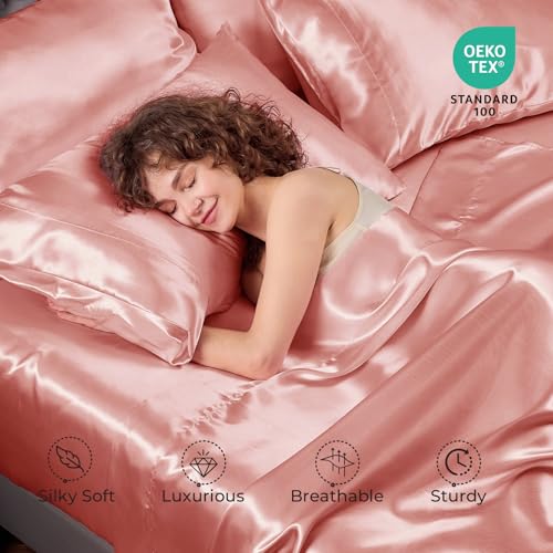 Sasttie Satin Sheets Queen Size - 4 Pieces Luxury Soft Rose Pink Silky Bed Sheets Set with Pillowcases - Smooth Silk-Like Satin Fabric, Reinforced 14 Inches Pocket, Oeko-Tex Certified by Sasttie - Image 2